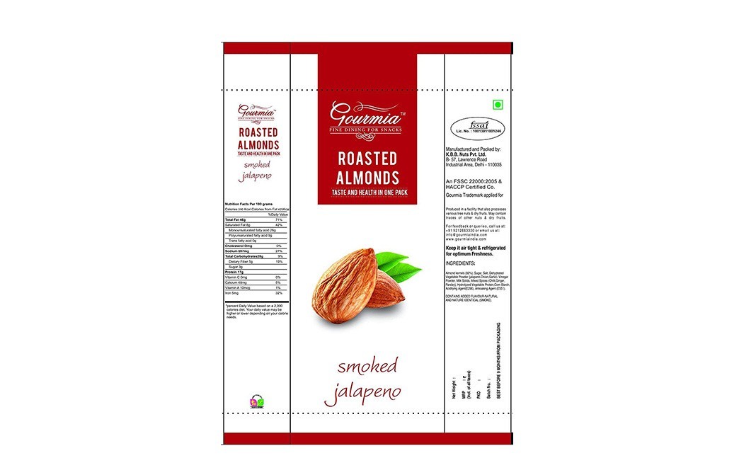 Gourmia Roasted Almonds, Smoked Jalapeno   Pack  40 grams